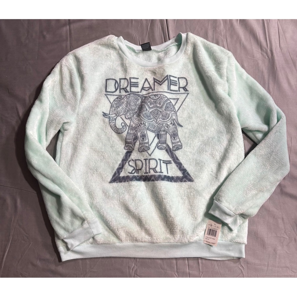 Cold Crush Womens Mint Green Dreamer Spirit Elephant Fuzzy Fleece Sweatshirt M
